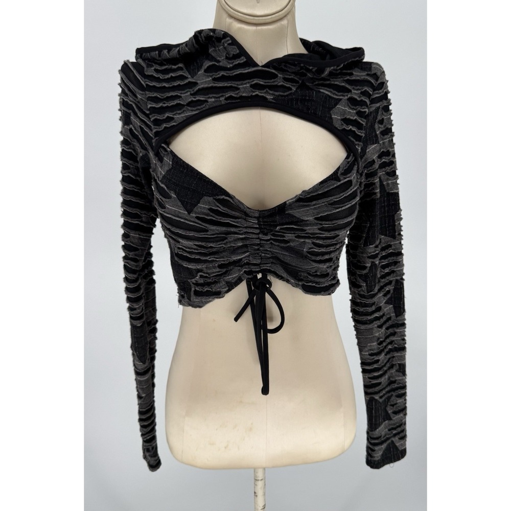 Kimcine Shredded‎ Cutout Crop Hoodie Black Wave Texture Goth Grunge Alt Y2K Med